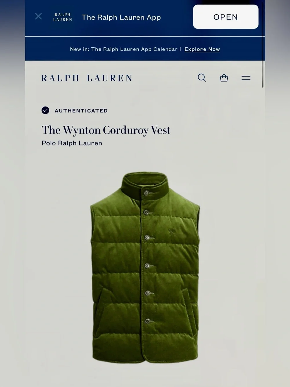 Polo by Ralph Lauren Olive Green Corduroy Quilted Vest